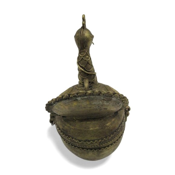 BRASS PEACOCK Dhokra with Hinged Lid Organizer India Vintage 7.5" - Picture 5 of 11